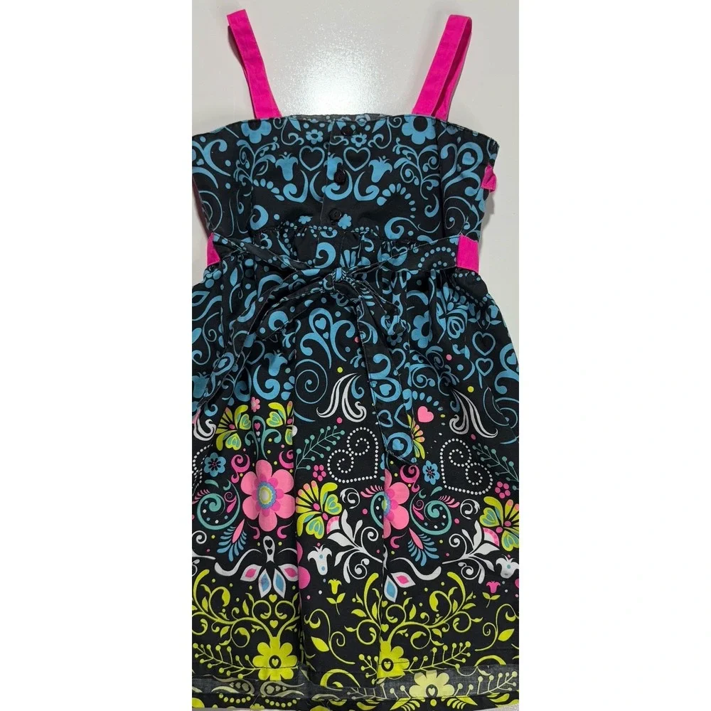 Sugah & Honey Girls Floral Paisley Sundress Boho Pink Straps Waist Sash Size 5